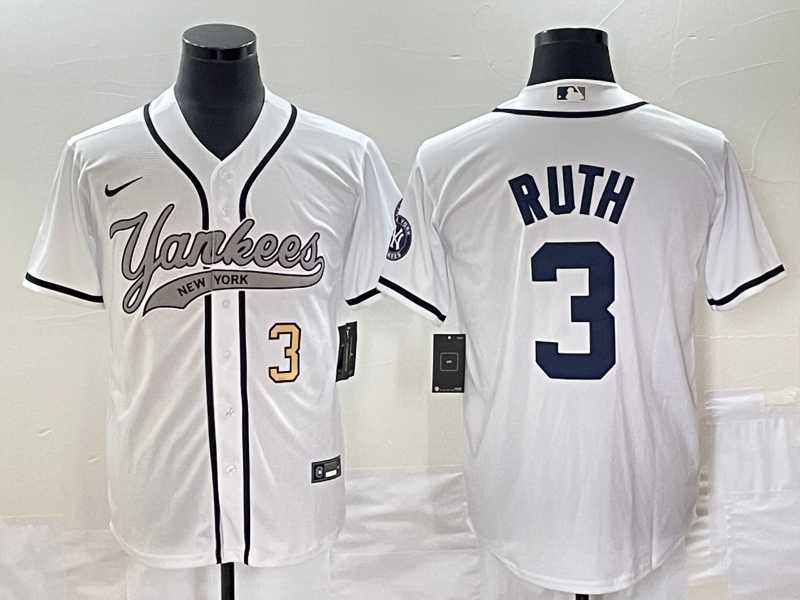 Men%27s New York Yankees #3 Babe Ruth Number White With Patch Cool Base Stitched Baseball Jersey